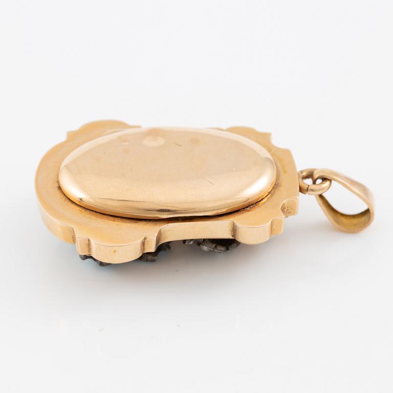 Pendant, 18K gold and silver, with turquoises and pearls. With a hidden compartment.