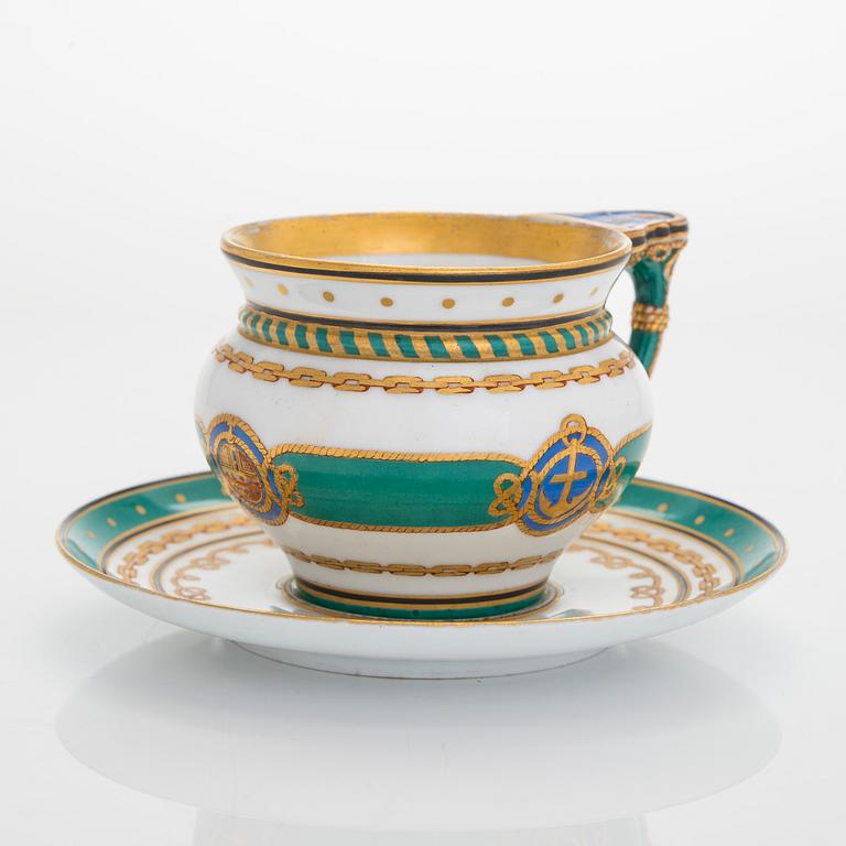 A cup and saucer from the Derzhava service, Imperial Porcelain Manufactory, St. Petersburg, late 19th century.