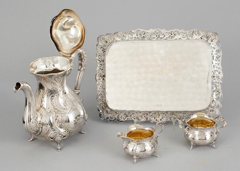 KAFFESERVIS, 4 delar, silver, rokokostil, bland annat GEWE, Malmö, 1977. Total vikt ca 1523g.