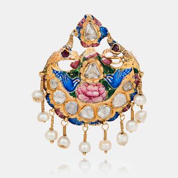 537. A probably 19th century brooch/pendant with enamel, rubies, rose-cut diamonds and probably natural pearls.