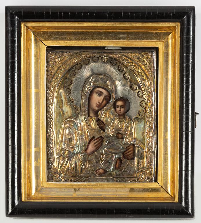 Ikon, med ochlad, Ryssland, 1800-tal. Madonnan med barnet.