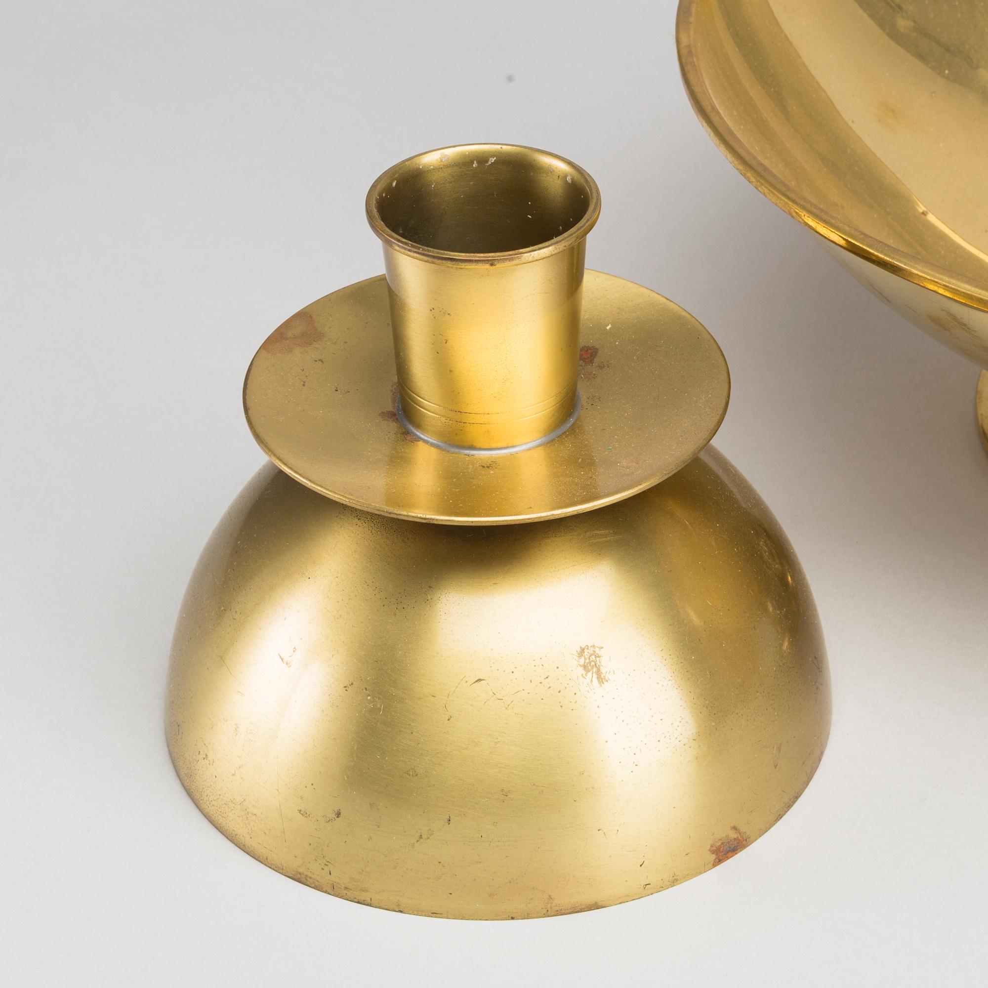 A mid 1950's Ysted Metall brass bowl and 3 candleholders-.