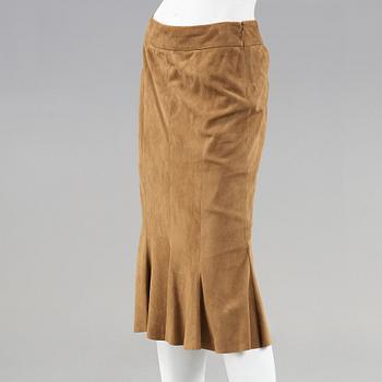 A beige suede skirt by Ralph Lauren.