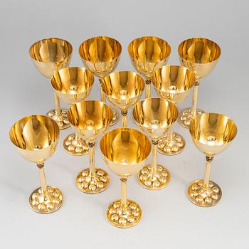 A set of twelve (6+6) goblets, gilt metal, Miguel Berrocal, Spain 20th century.