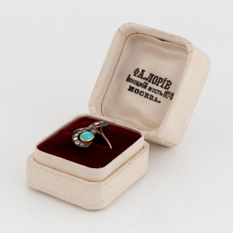 A 14K gold and silver Fedor Lorie ring set with a turquoise and old-cut diamonds.