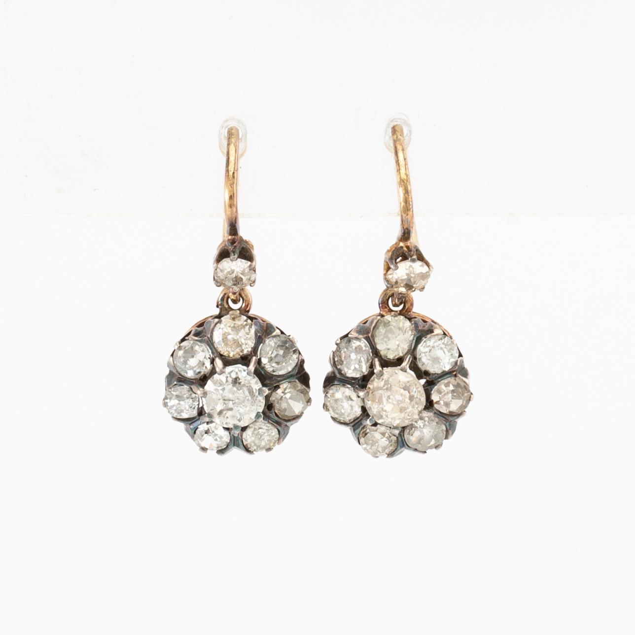 Earrings, a pair of 18K gold and silver set with old-cut diamonds, second half of the 19th century.