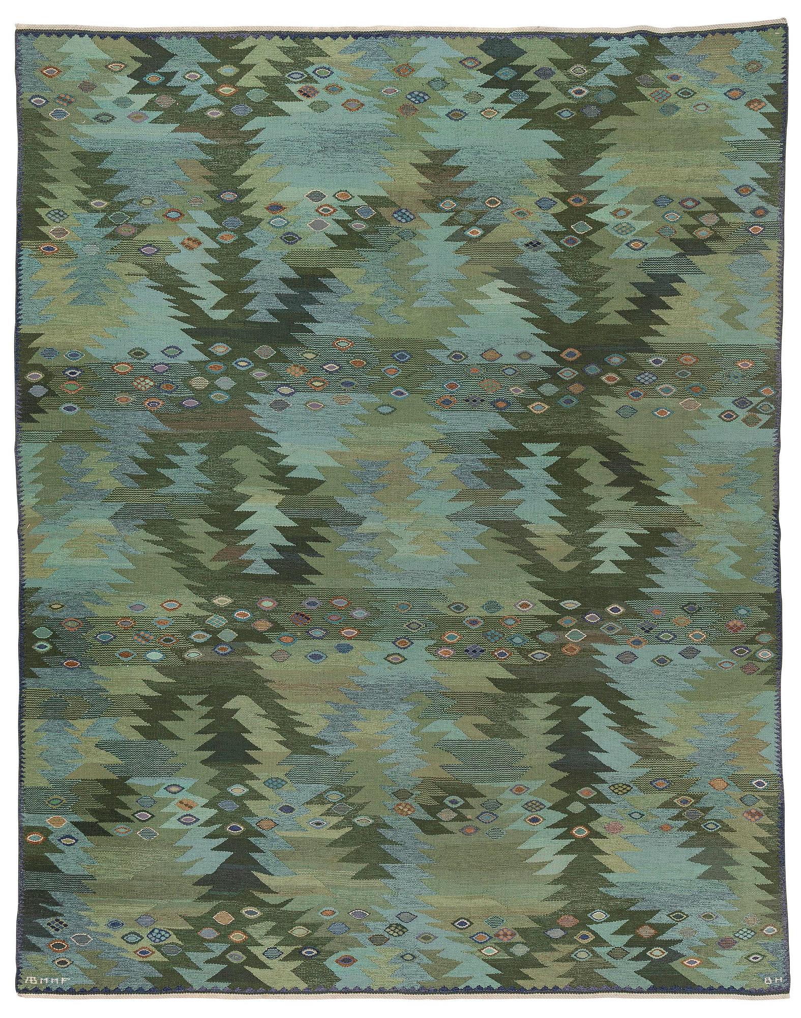 Barbro Nilsson, a 'Tånga blå',  tapestry weave carpet, c. 345 x 277 cm, signed AB MMF BN.