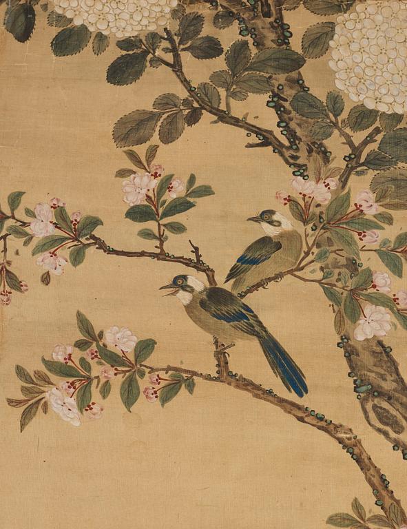 MÅLNING, guldfasaner bland trädpioner. Qingdynastin, 1800-tal.