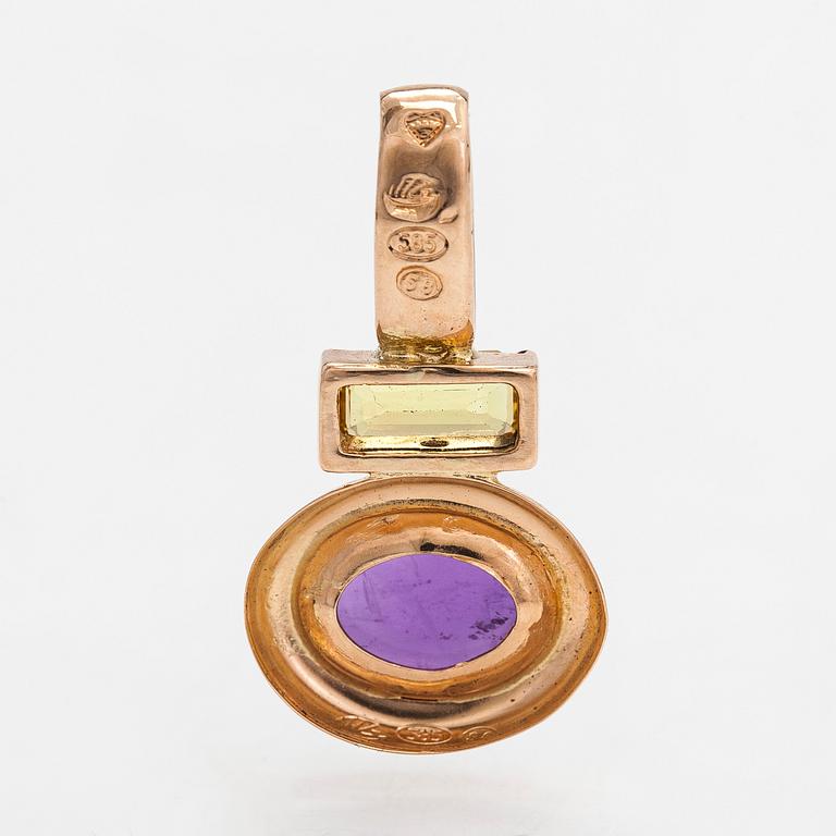 A14K gold pendant, with amethyst and a yellow sapphire. Finnish hallmarks 1995.