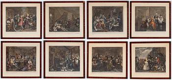William Hogarth, efter, åtta stycken kolorerade etsningar och gravyrer.