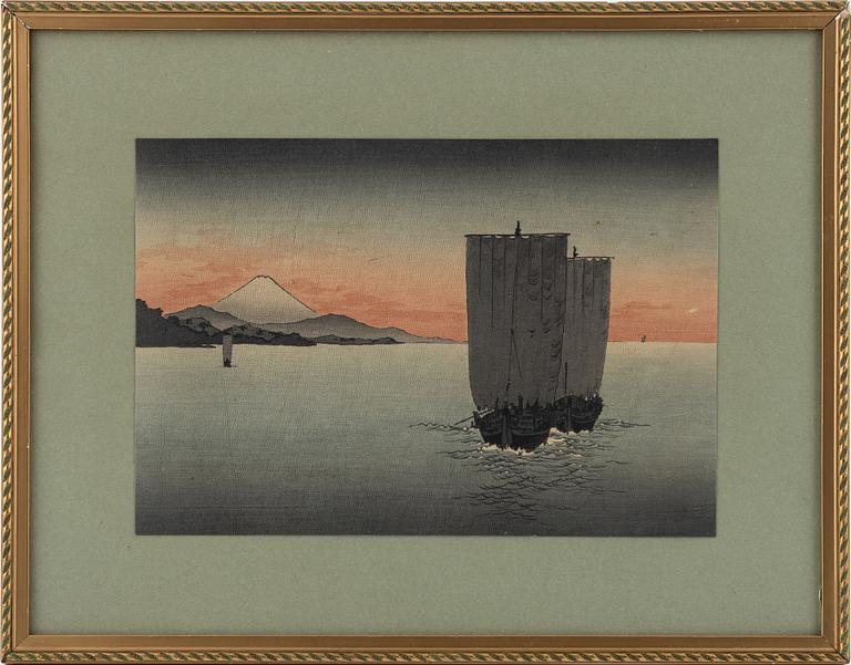 Shoda Koho, three colour woodblock prints, Japan, 20th century.