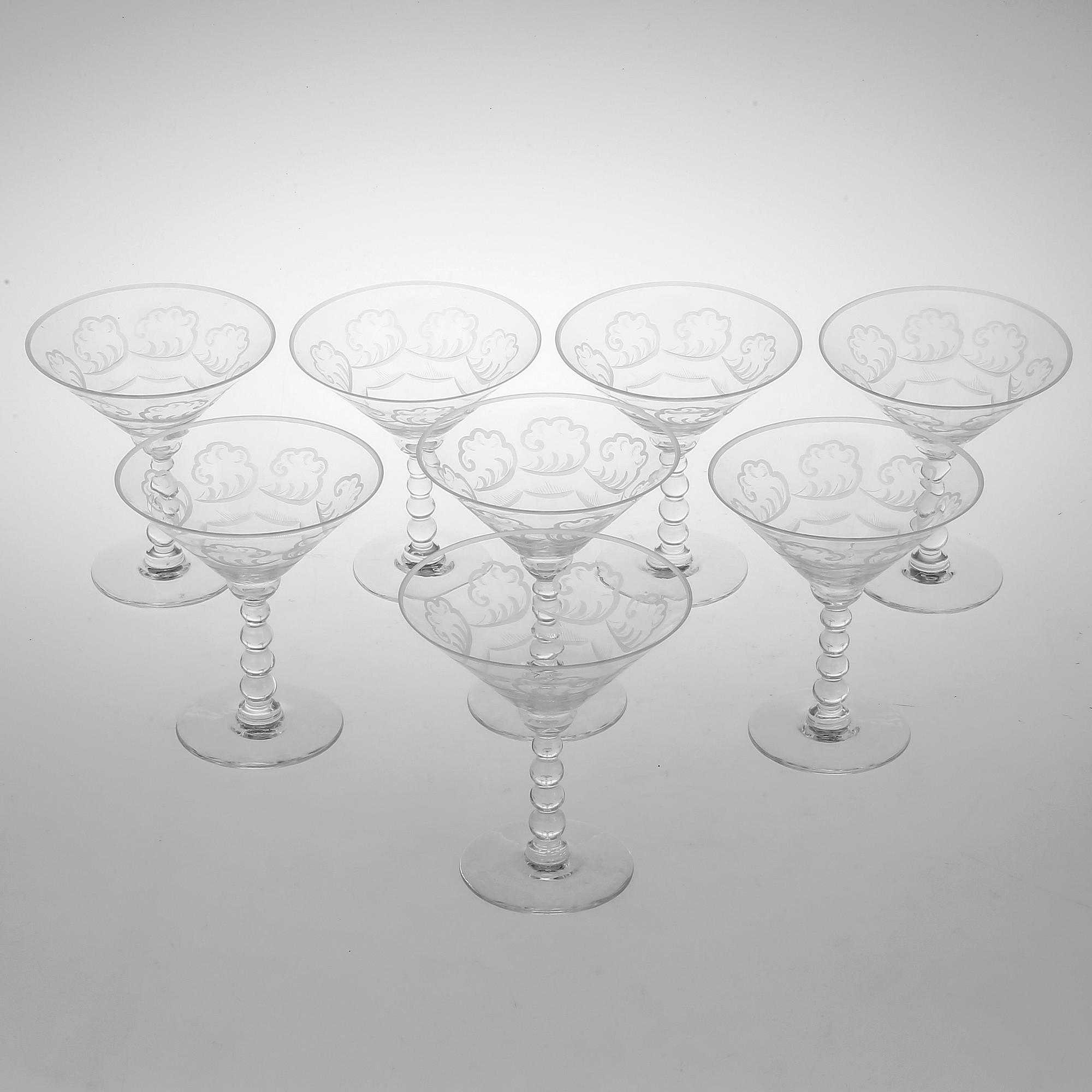 MARTINIGLAS, 8 st, "Molnet", Simon Gate, signerade, Orrefors, 1920-tal.