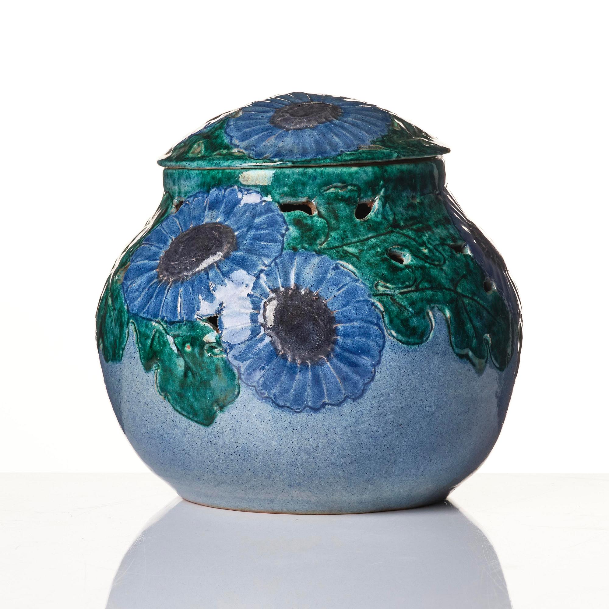 Hilma Persson-Hjelm, a glazed earthenware  art nouveau lidded vase, executed in her own studio, Arvika, 1920, No. 1008.