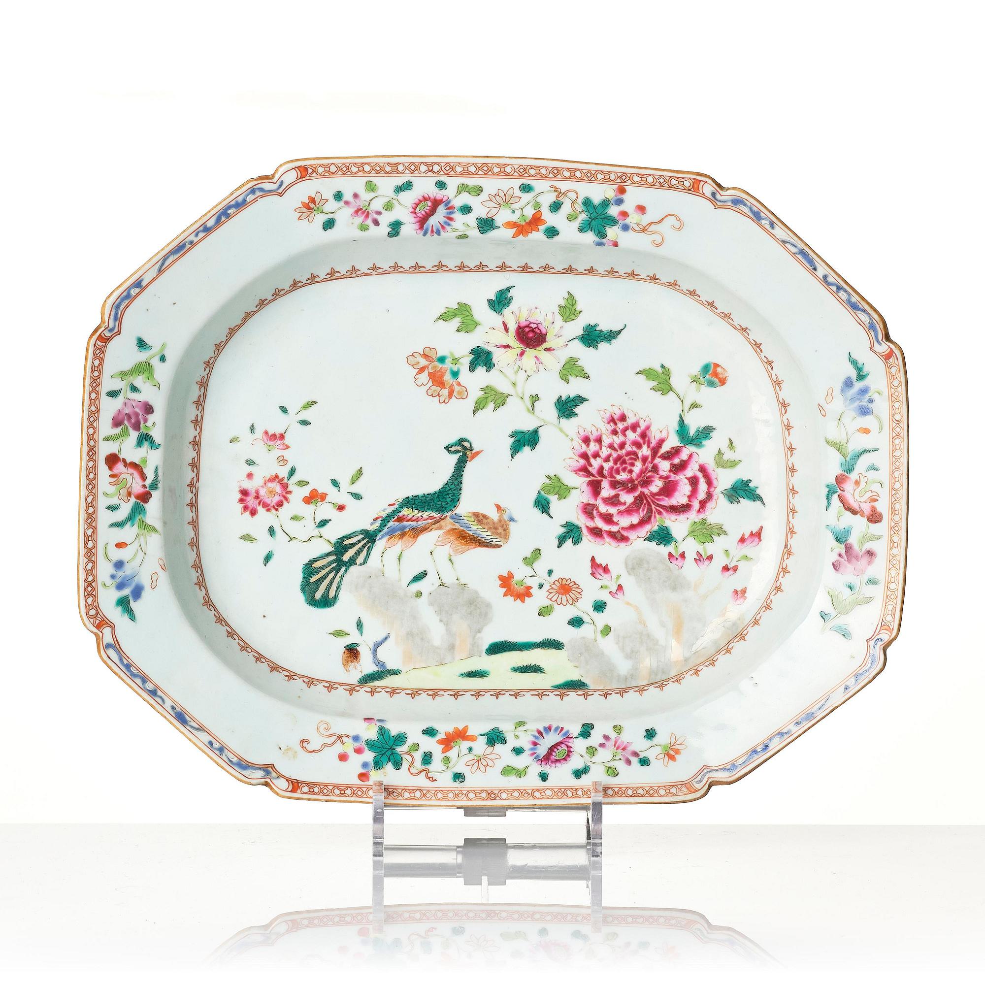 A famille rose 'double peacock' tureen with cover and stand, Qing dynasty, Qianlong (1736-95).