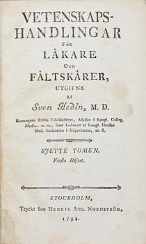 BOKVERK, 6 vol, Sven Hedin, Vetenskapshandlingar för läkare och fältskärer, 1798.