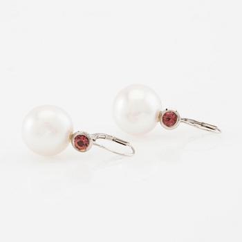 Earrings, a pair of 18K white gold set with faceted pink tourmalines and cultured South Sea pearls.