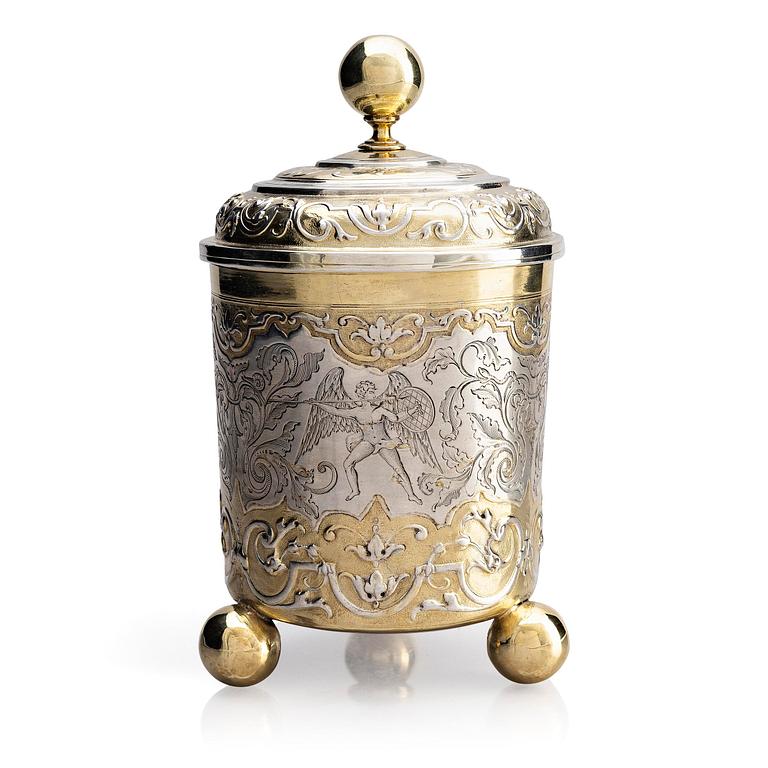 An Augsburg parcel-gilt silver beaker and cover, marks of Philipp Stenglin, Augsburg 1713 - 1717.