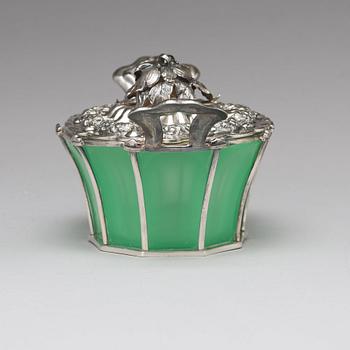 An Austrian mid 19th century silver and green glass bowl and cover on dish, un identified makers mark, Vienna 1845.