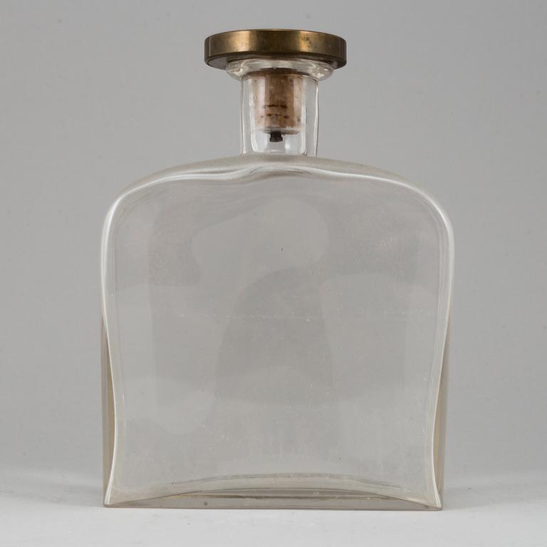 FIRMA SVENSKT TENN, a blasted glass bottle with a Björn Trägårdh pewter and brass stopper, Stockholm 1930's.