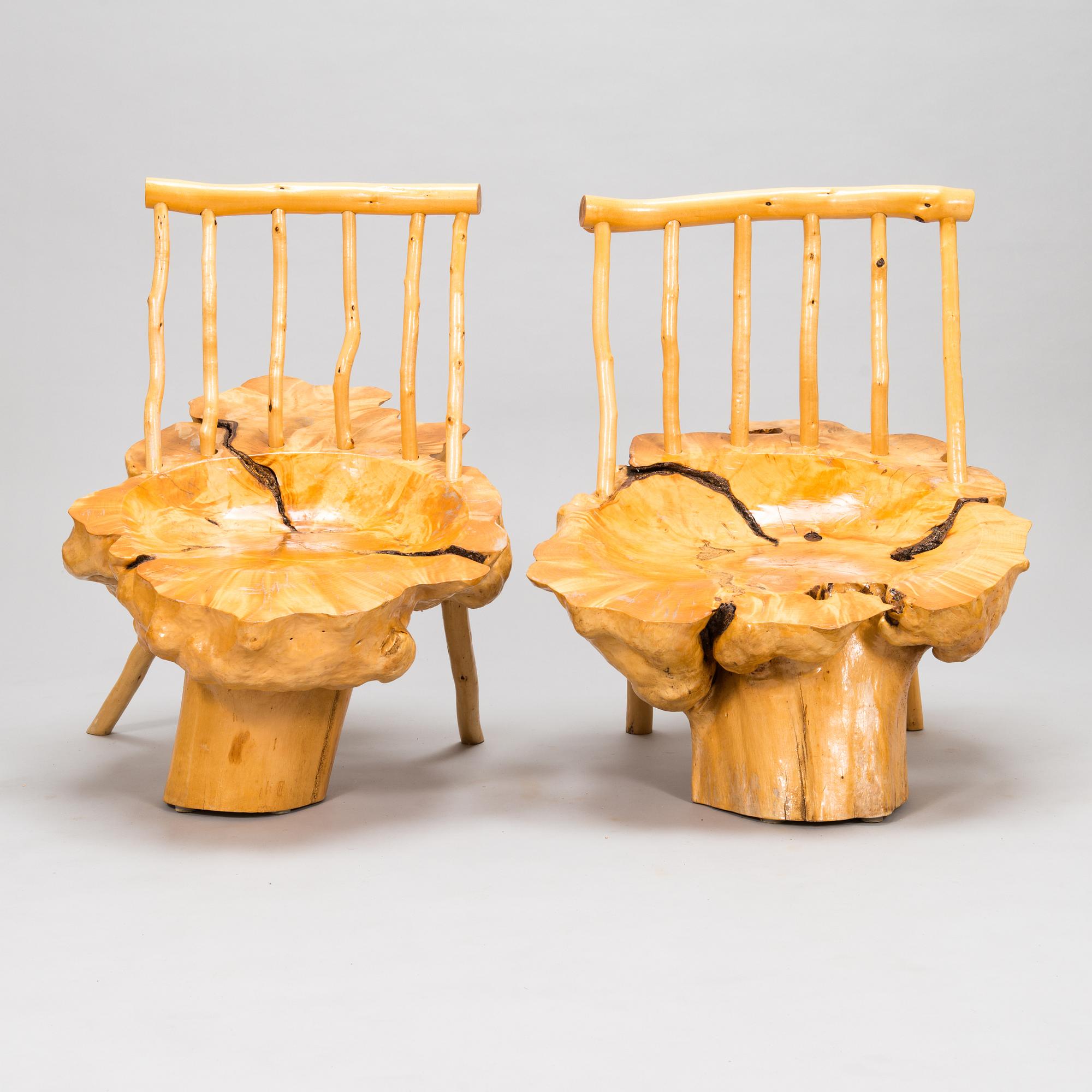 A pair of mid-20th century burr wood easy chairs made by  Johannes Järvelä, Finland.