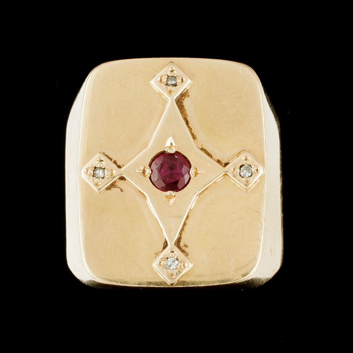 RING, klackring, 18k guld med rubin och små diamanter. Gunnar Nilsson, Halmstad, 1965. vikt ca16g.