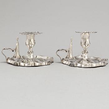 A pair of Swedish 19th century silver chamber candlesticks, mark of Christian Hammer, Stockholm 1867.