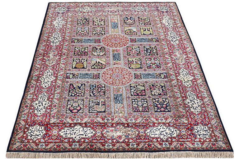 A carpet, semi-antique/old Kerman, figural, c. 273 x 164 cm.