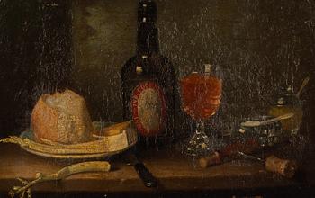 Unknown artist, 19th century, Still life with bread, glass, knife and bottle.