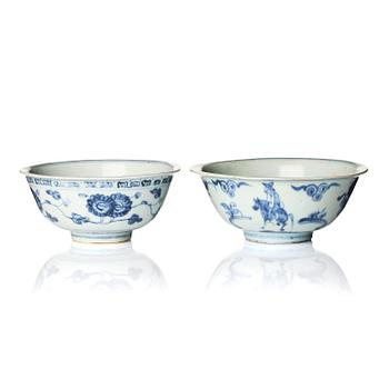 1111. Two blue and white bowls, Ming dynasty (1368-1644).