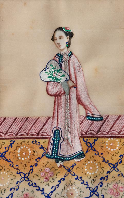 AKVARELLER på rispapper, fyra stycken. Qingdynastin, 1800-tal.