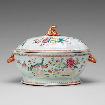 703. A famille rose 'double peacock' tureen with cover, Qing dynasty, Qianlong (1736-95).