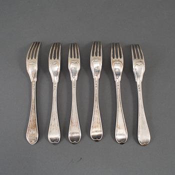 A Swedish set of six early 19th century silver forks, mark of Carl Ryberg, Stockholm 1808.