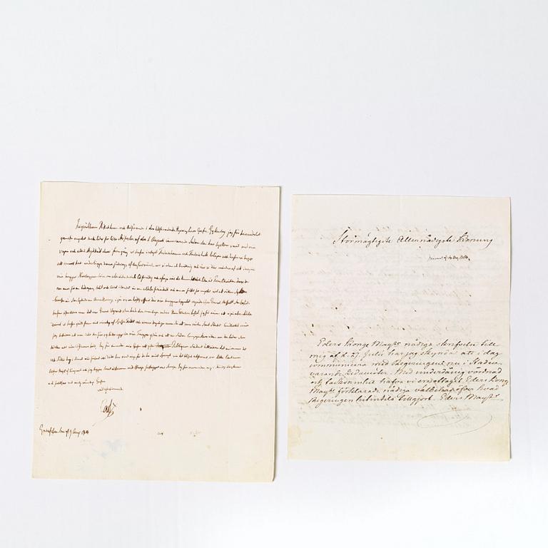 KARL XIII, två brev om erövringen av Norge 1814. Daterade Uddevalla 27 juli resp 9 augusti.