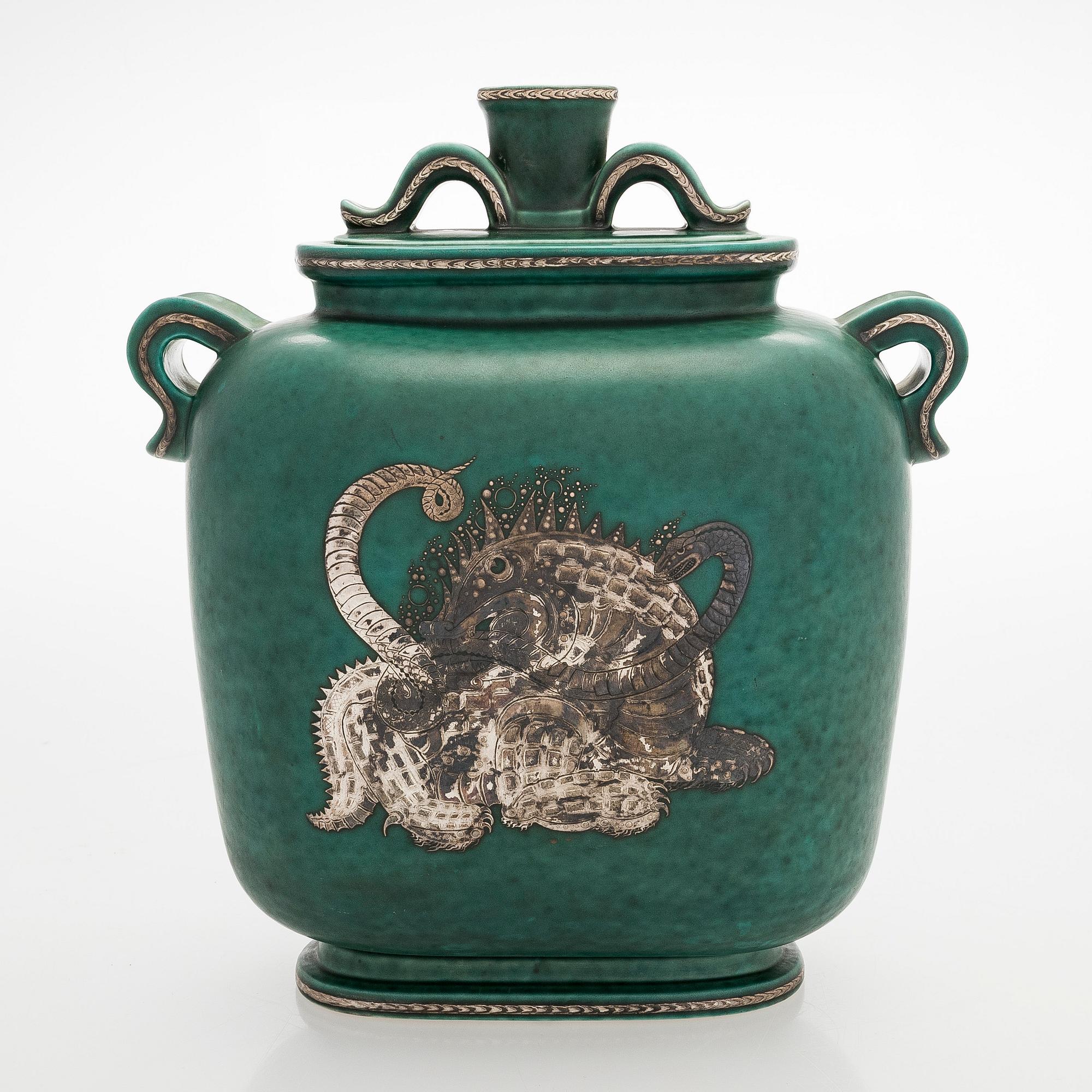 Wilhelm Kåge, urna med lock, stengods, "Argenta", Gustavsberg.