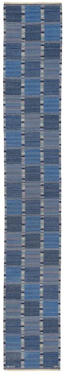 Barbro Nilsson, matto, a runner, Falurutan starkblå, flat weave, ca 532,5 x 81,5-83,5 cm, signed AB MMF BN.