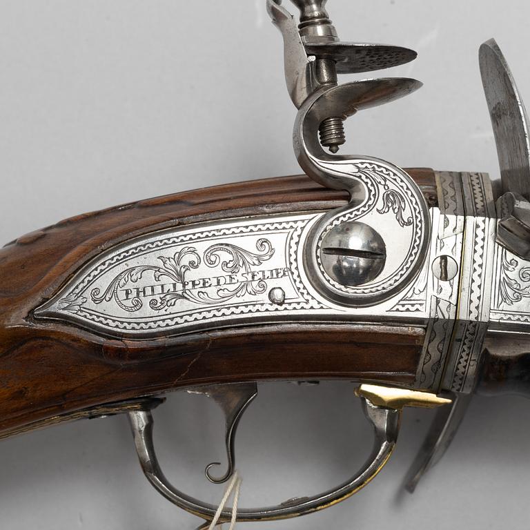 Flintlock rifle, double-barrel "wender" by Philippe de Sellier (1676-1740).