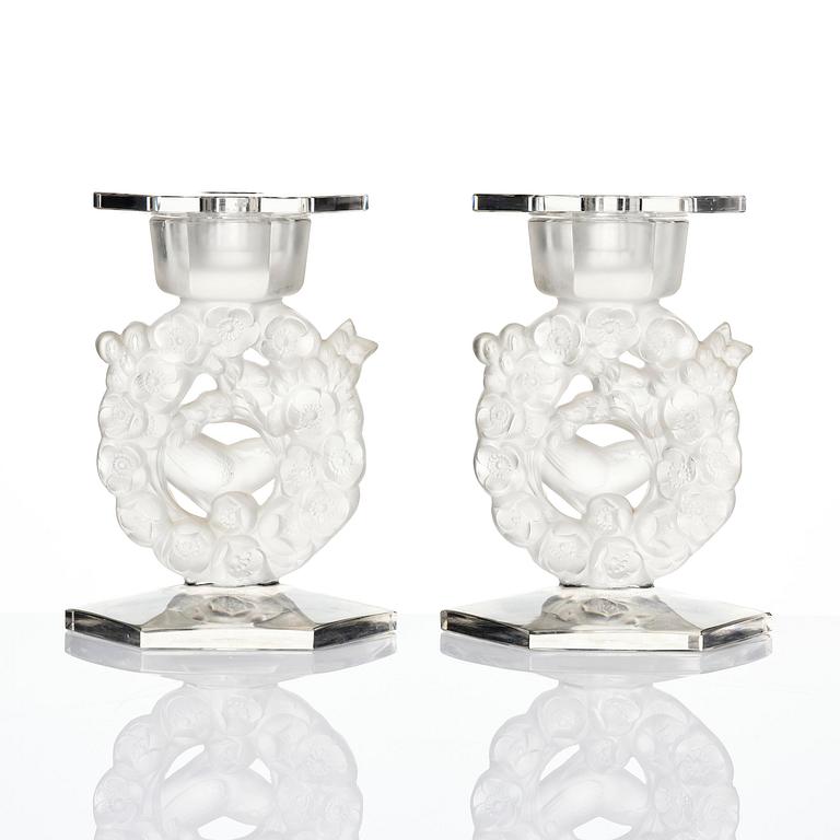 René Lalique, a pair of “Mésanges” cast glass candlesticks, France, post-1943.