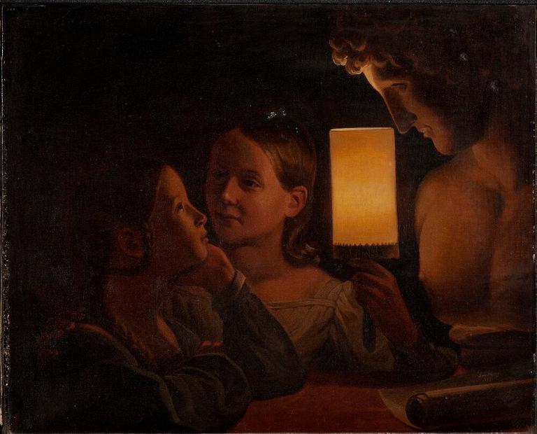 Lea Ahlborn, Self portrait, working by the candlelight.