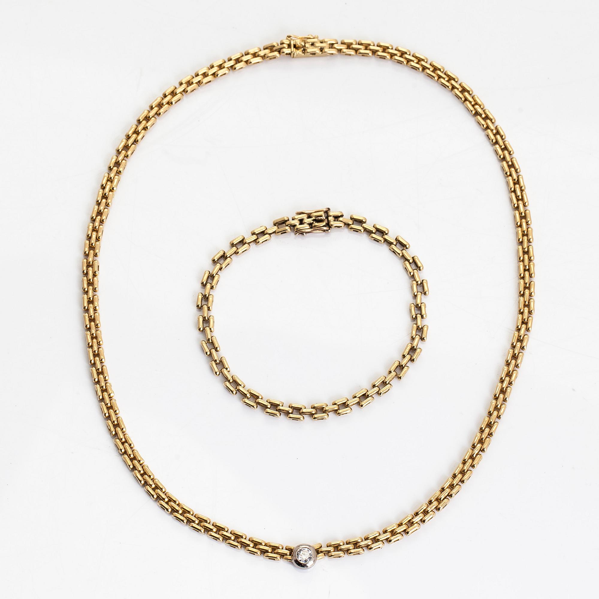 Necklace, set with a brilliant-cut diamond, and bracelet, 18K gold. Finnish import marks 1990.