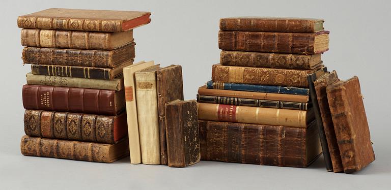 BOKPARTI OM TEOLOGI, 24 vol, bla "..Swenske Kyrkie-Handlingar.." av Petter Dijkman, Stockholm 1703.