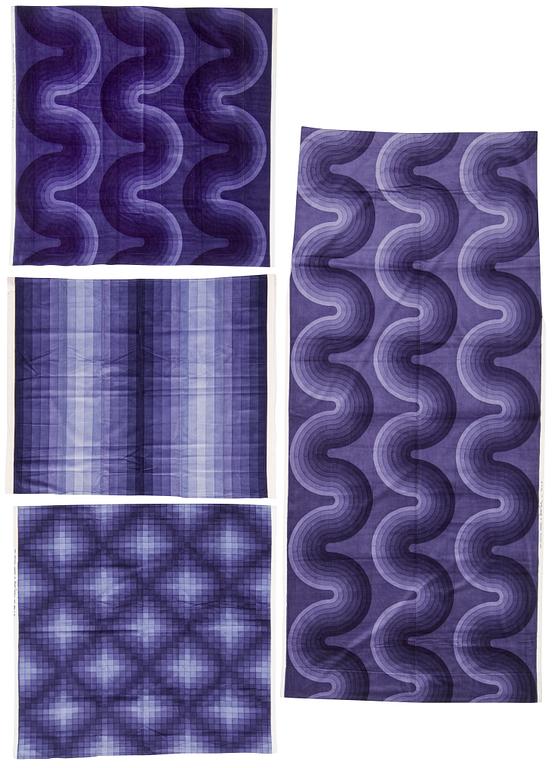 A CURTAIN AND SAMPLERS, 11 PIECES. Cotton velor. A variety of violet nuances and patterns. Verner Panton.