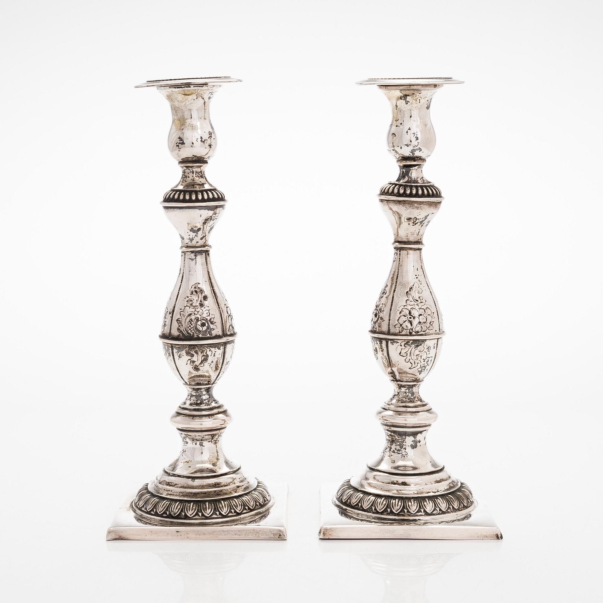 A pair of Sabbath candlesticks in low-grade silver, Poland. Unidentified makers mark.