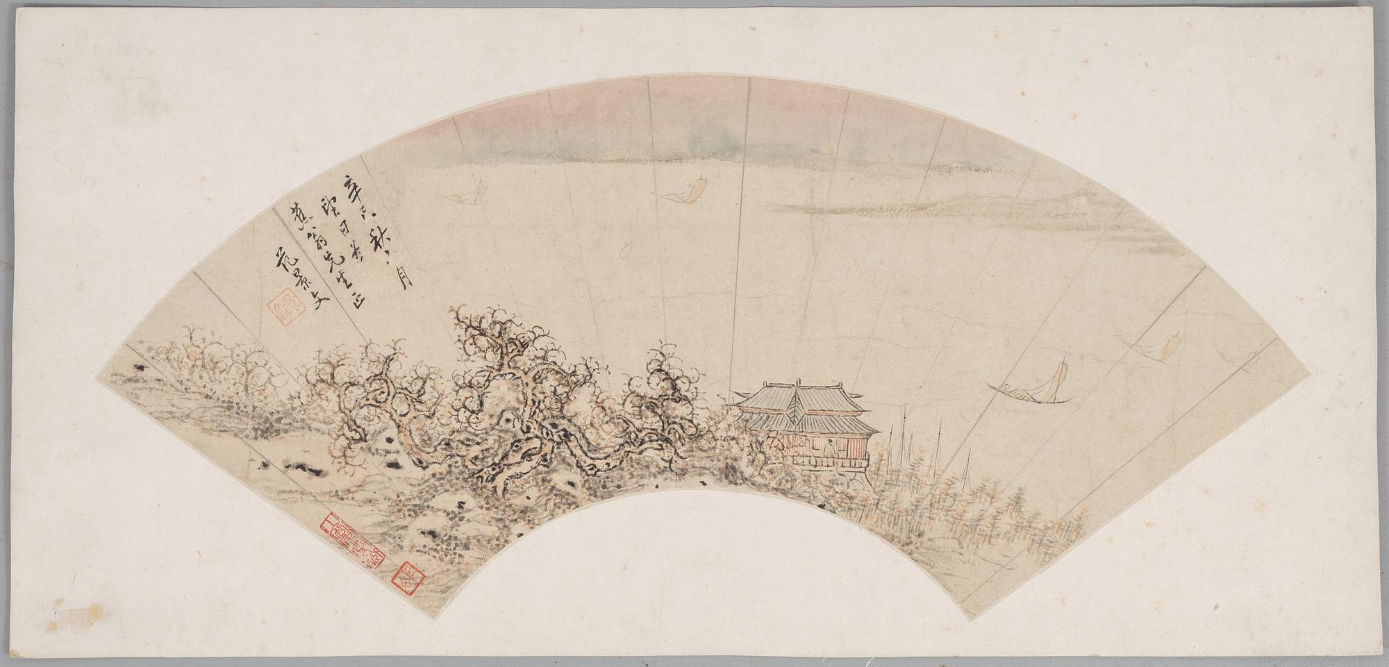 Oidentifierad konstnär, s.k. "Solfjädersmålning", Paviljong i kustlandskap, Kina, 1900-tal.
