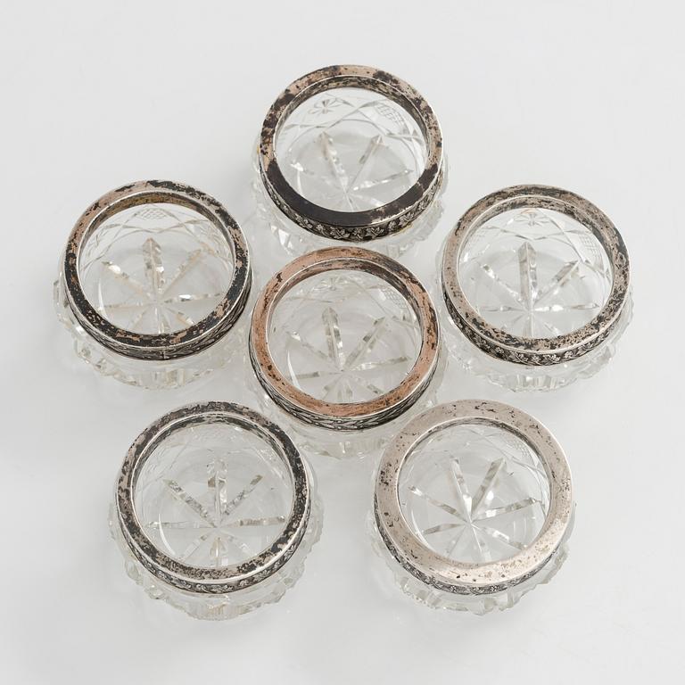 A set of six Estonian glass and silver salt cellars, maker's mark of Hirsch Markowitsch, Tallinn 1922-39.