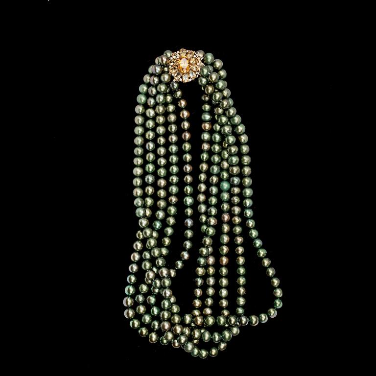 NECKLACE, 5-strand cultured greenish-black chinese fresh water pearls with citrine and diamond clasp.