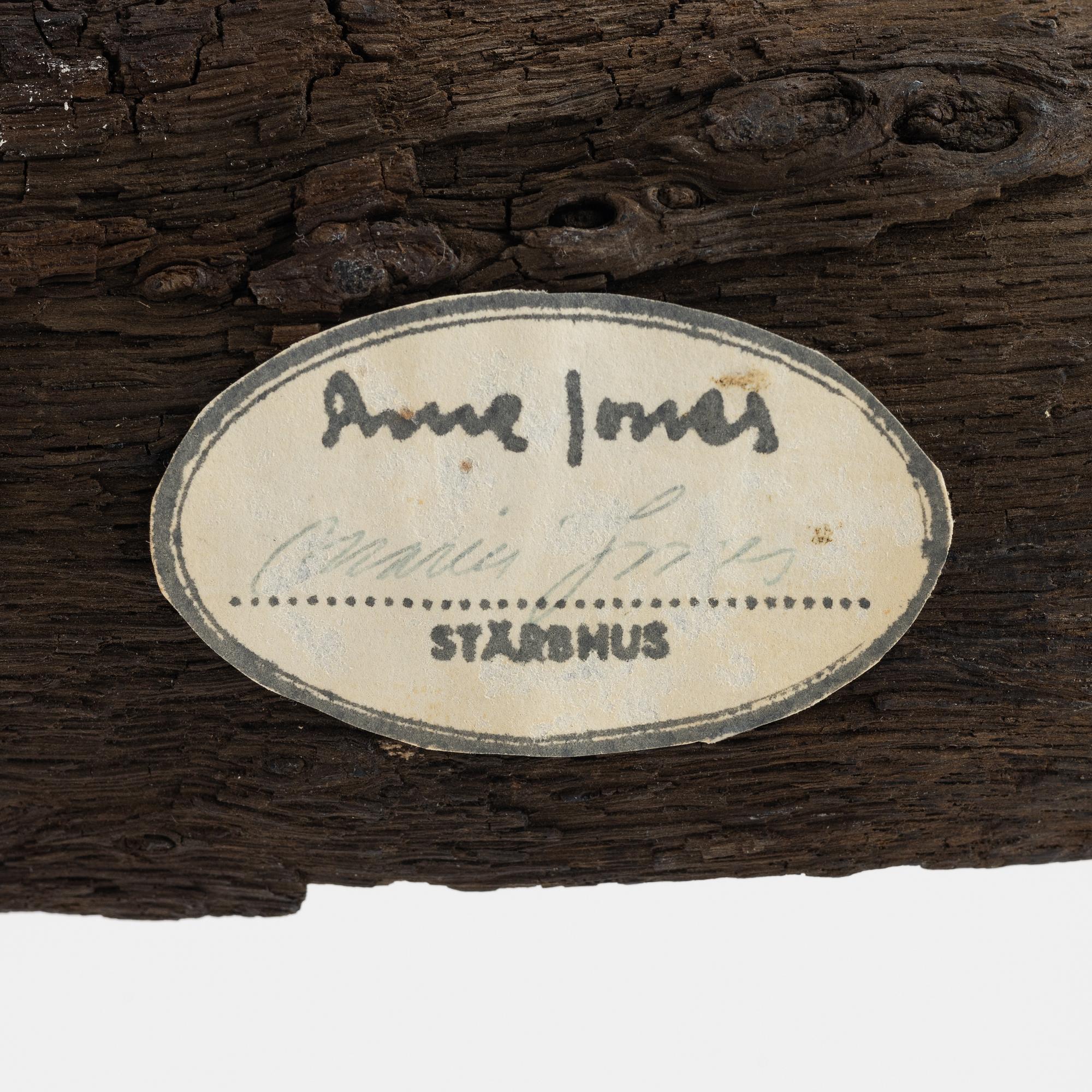 Arne Jones, sculpture, brass on driftwood, signed on label by the estate.