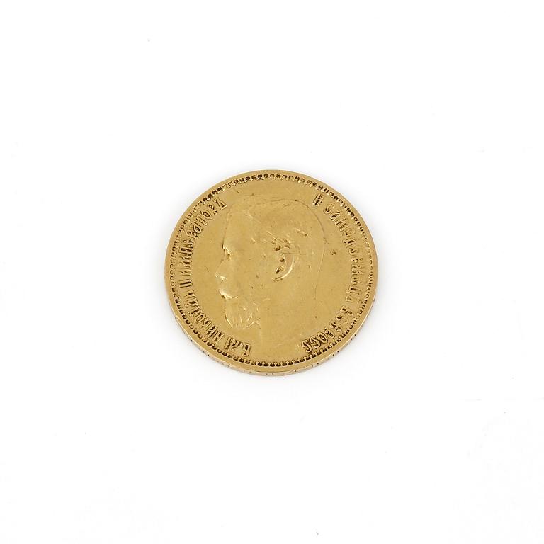 GULDMYNT, 5 Rubel, Nikolaj II, Ryssland 1898. Vikt 3 gram.