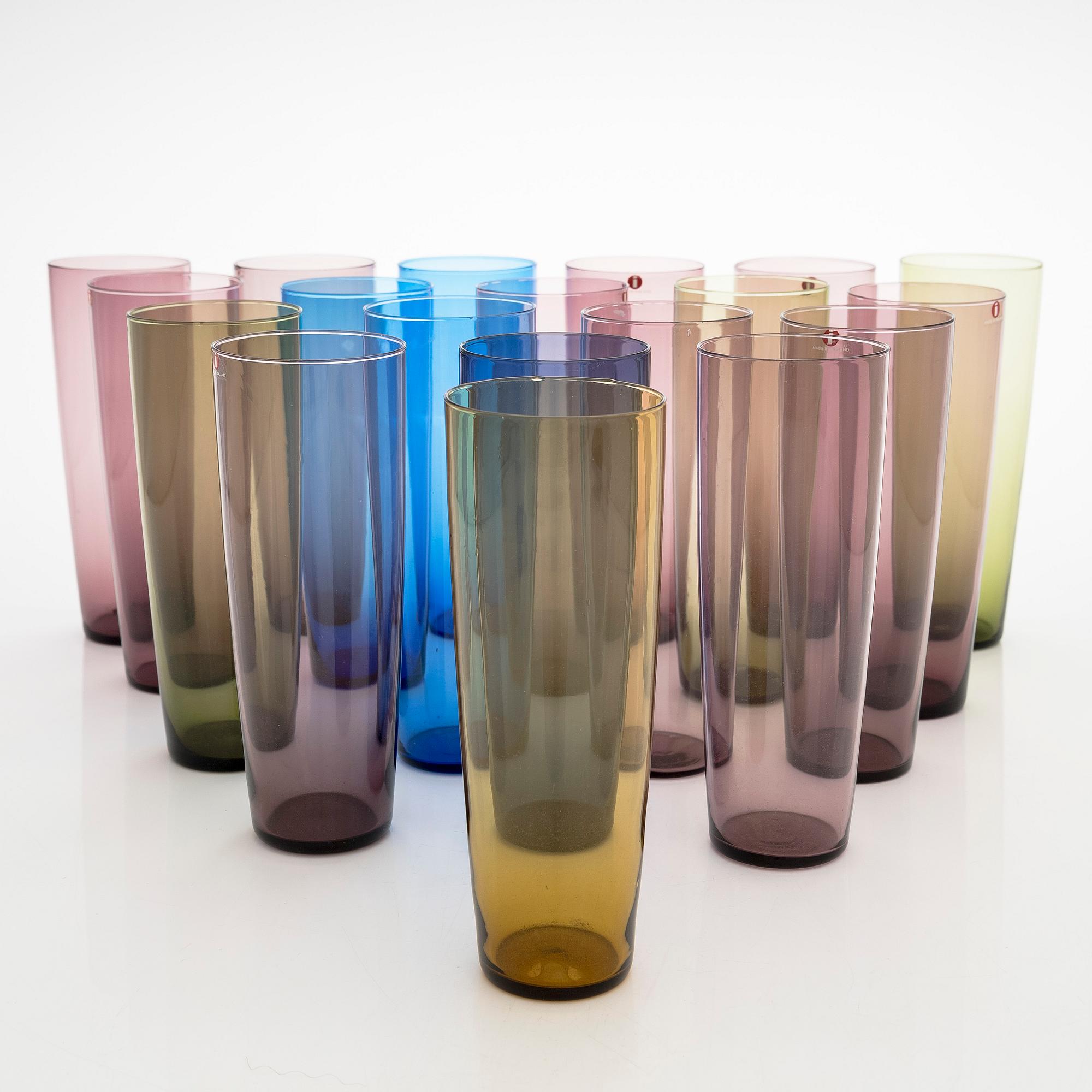 Tapio Wirkkala, a set of 19 juice glasses, model 2204, Iittala, Finland. In production 1956-1969.