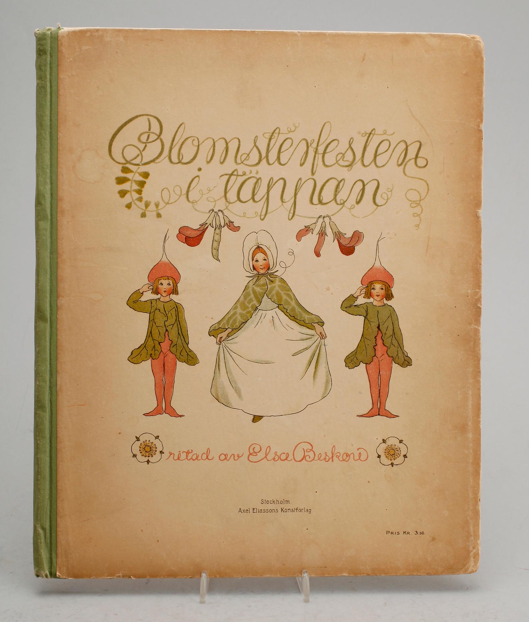BOK, Blomsterfesten i täppan, ritad av Elsa Beskow, med blyertsdedikation av Elsa Beskow.