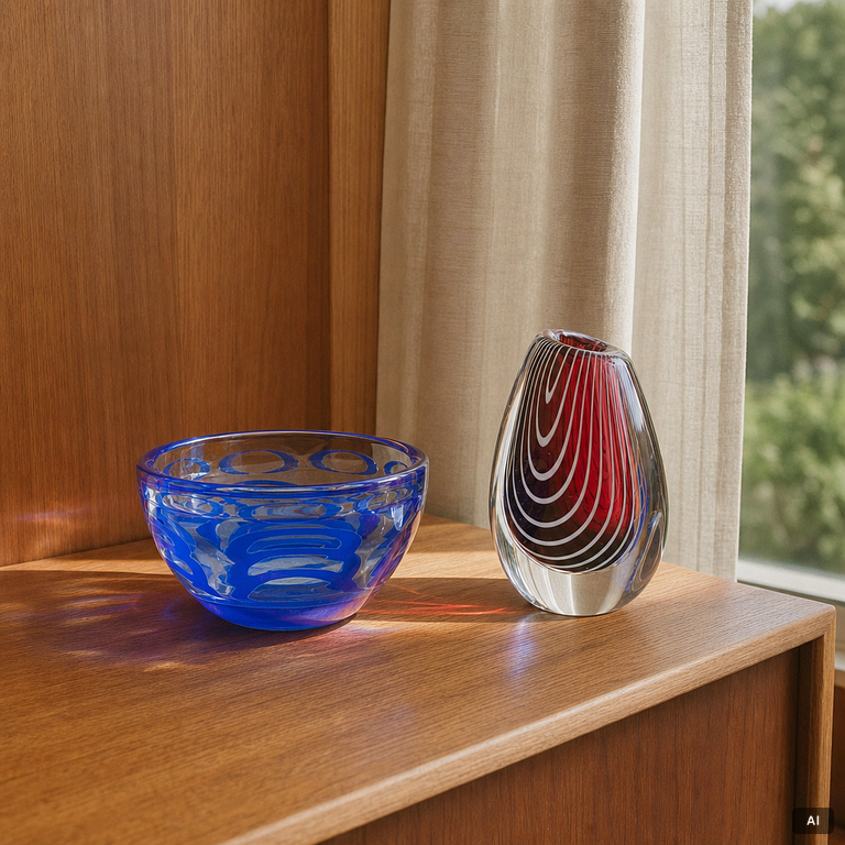 Ingeborg Lundin, bowl, graal, Orrefors, and Vicke Lindstrand, vase, "Zebra", Kosta.